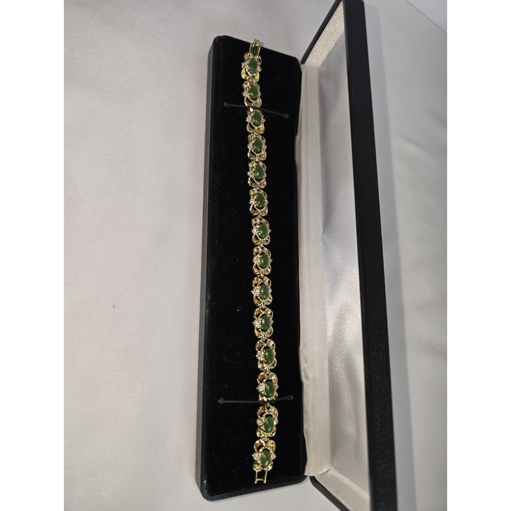 Vintage Gold Tone Green Cabochon Rhinestone Link Bracelet Floral Ornate Jewelry